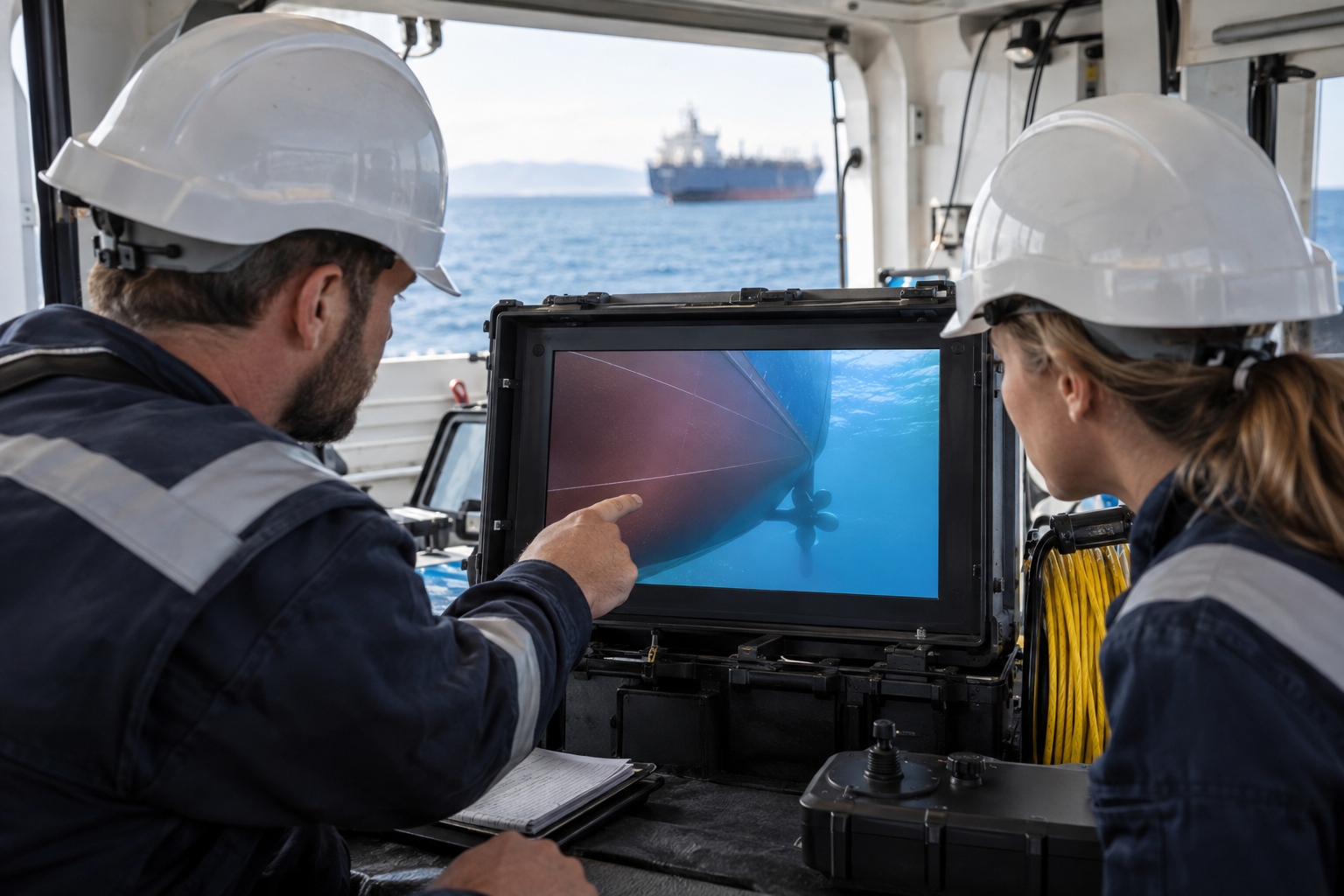 Marine operations team reviewing footage of a clean underwater hull