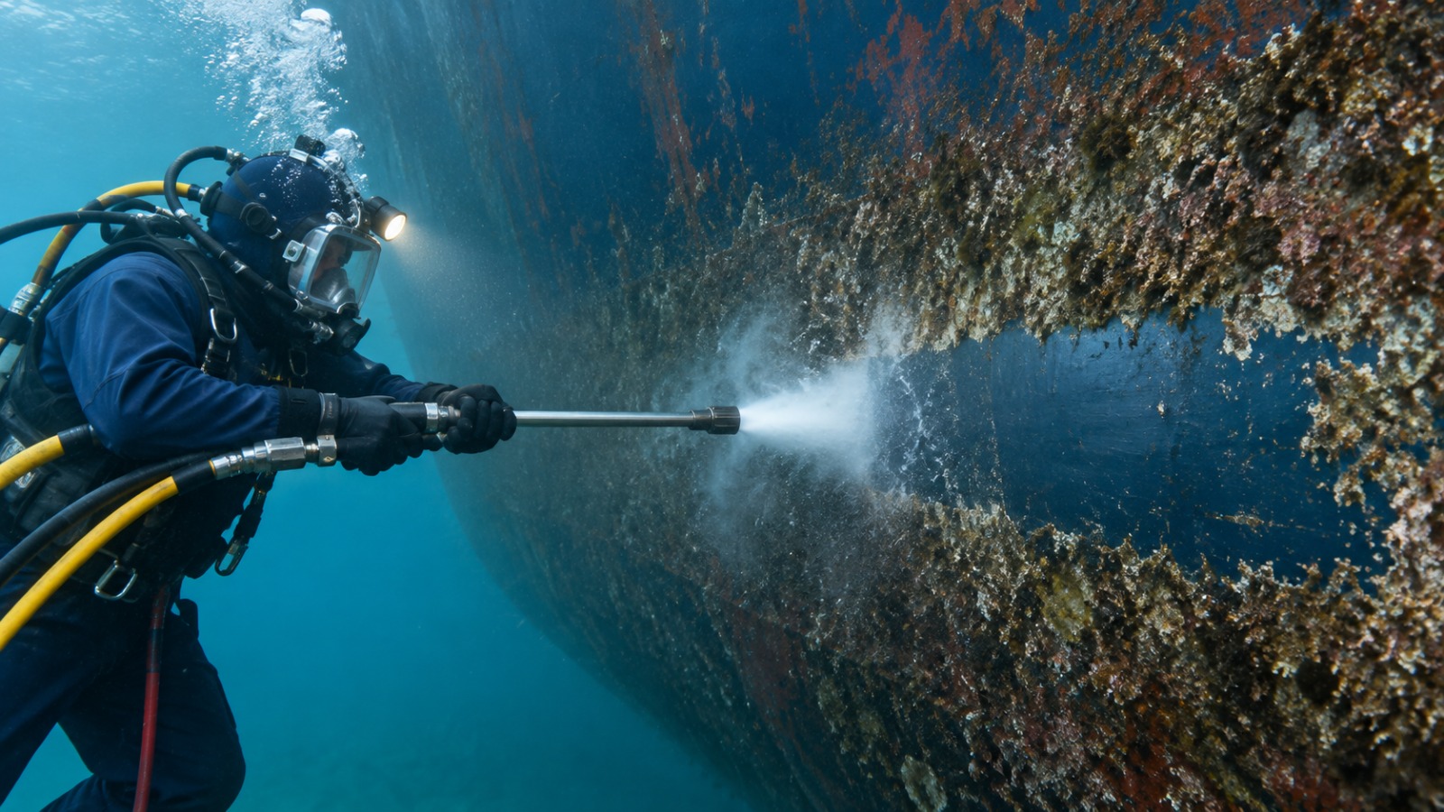 Commercial diver performing underwater hull cleaning with specialized cavitation equipment
